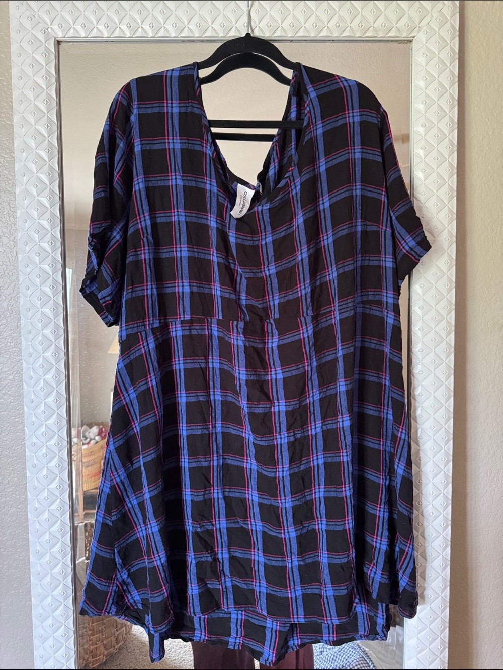 Black Plaid Tunic Shirt Dress - Blue & Pink Check